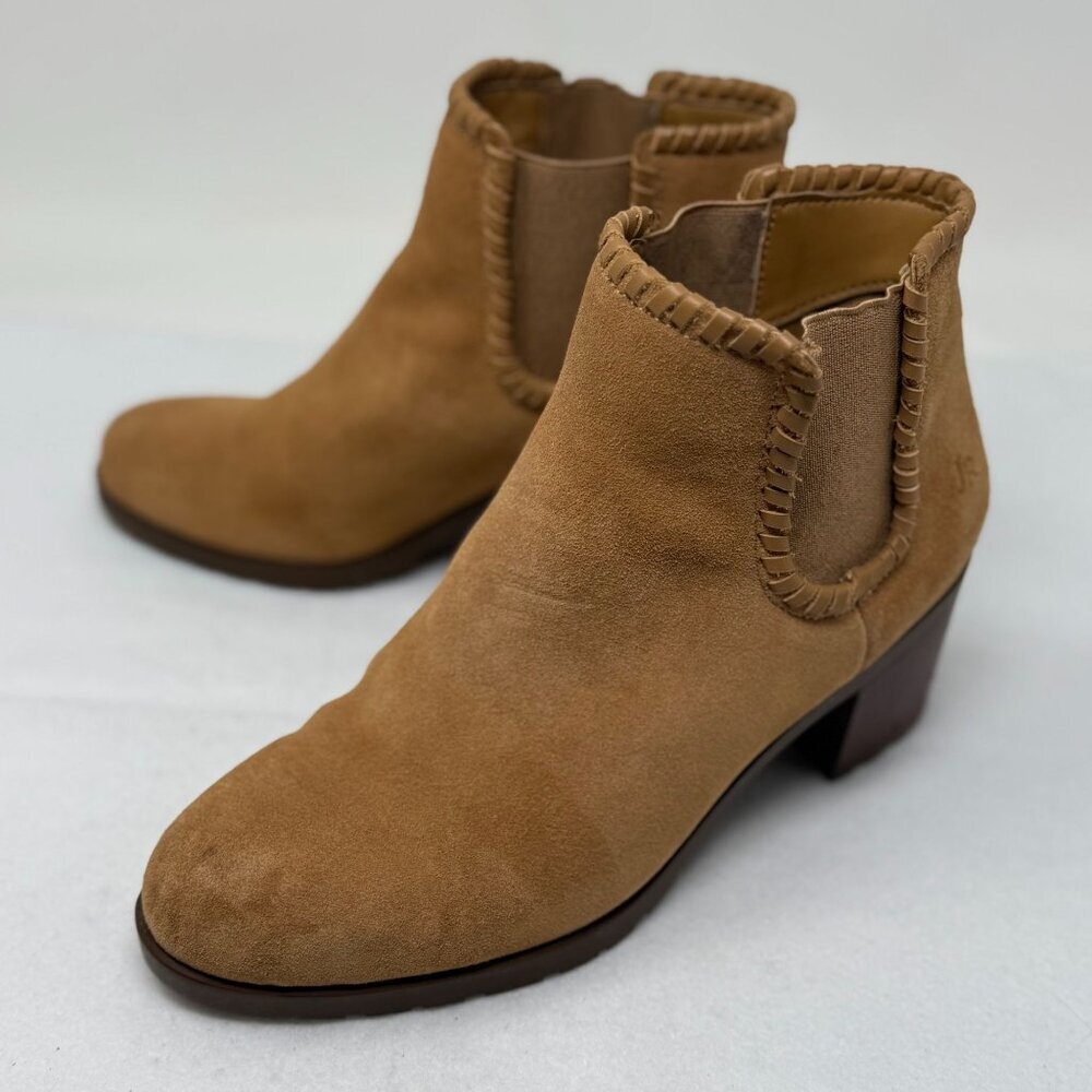 Jack Rogers Boots Womens Size 7.5 Poppy Tan Suede Ankle Booties Block Heel Trim